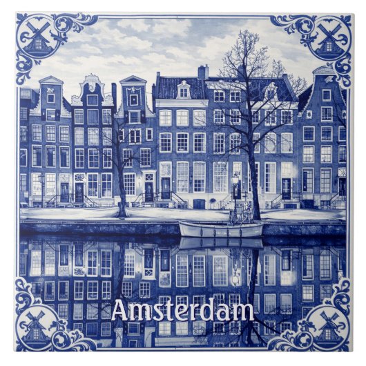 Amsterdam canal Delft Blue style Ceramic Tile タイル (正面)
