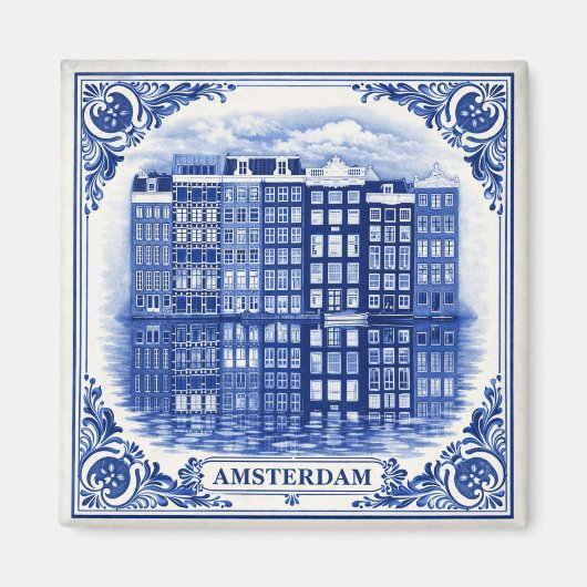 Amsterdam canal houses Delft Blue style magnet マグネット (正面)