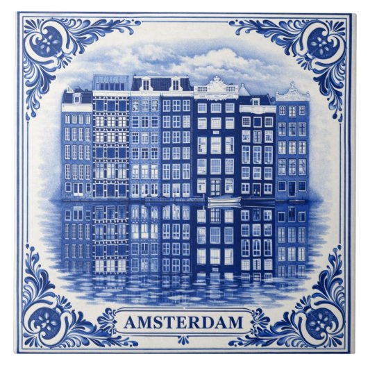 Amsterdam canal houses Delft Blue style tile タイル (正面)