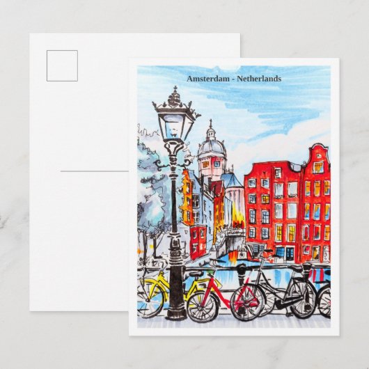 Amsterdam Canal Netherlands Sketch ポストカード (正面/裏面)
