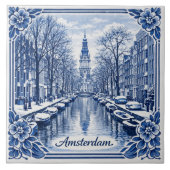 Amsterdam canal winter Delft Blue style tile タイル (正面)