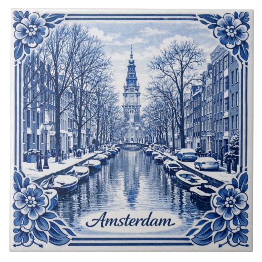 Amsterdam canal winter Delft Blue style tile タイル (正面)