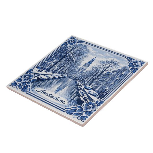 Amsterdam canal winter Delft Blue style tile タイル (側面)