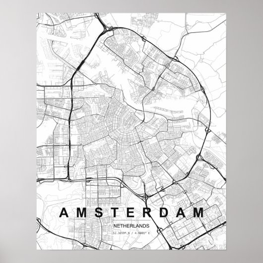 Amsterdam Minimalist Map (Black & White) ポスター (正面)