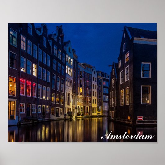 Amsterdam Netherlands Canal Homes Night Lights ポスター (正面)