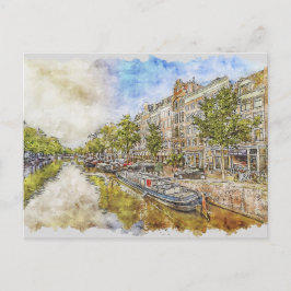 Amsterdam, Netherlands canal watercolour postcard ポストカード