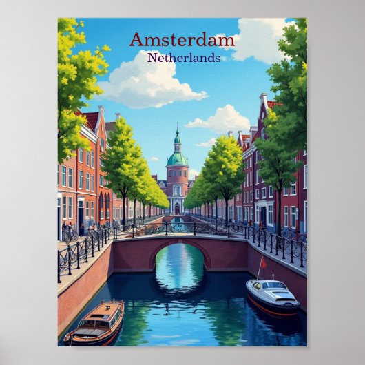 Amsterdam Netherlands Gouache Illustration Travel ポスター (正面)