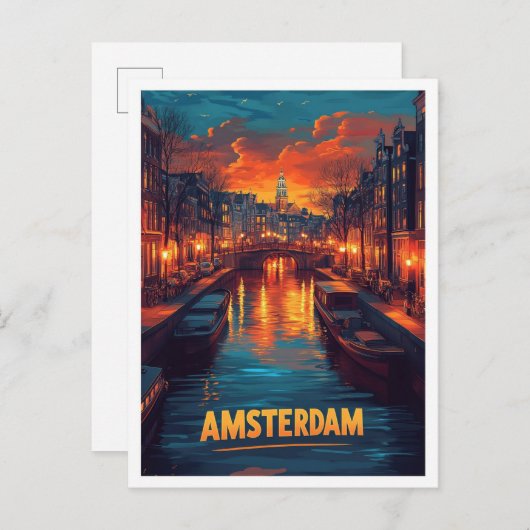 Amsterdam Netherlands Vintage Illustration Travel ポストカード (正面/裏面)