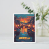 Amsterdam Netherlands Vintage Illustration Travel ポストカード (スタンド正面)