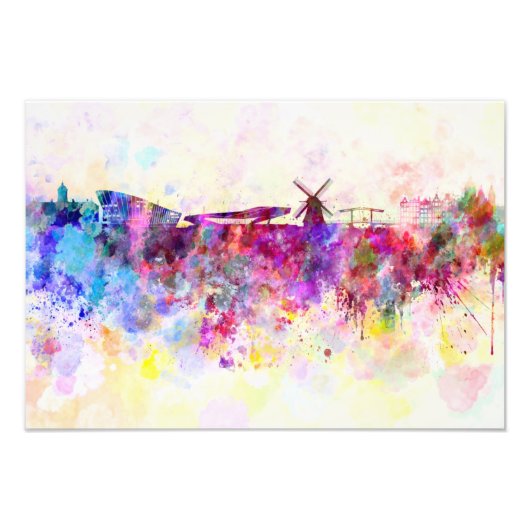 Amsterdam skyline in watercolor background フォトプリント            (正面)