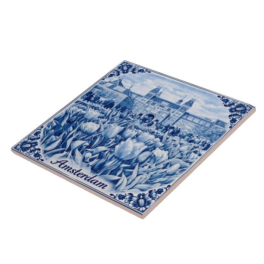 Amsterdam tulips Delft Blue style tile タイル (側面)