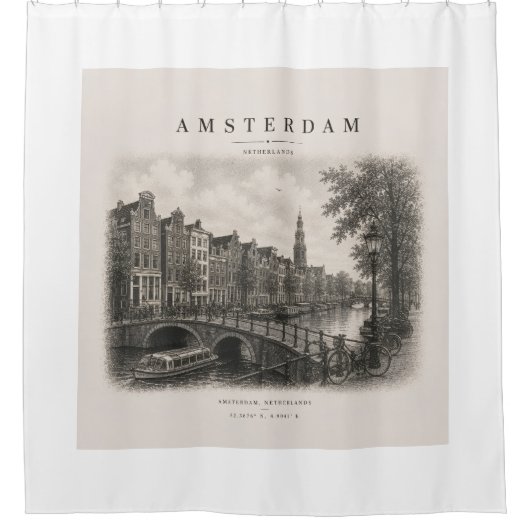 Amsterdam | Vintage Travel City Design シャワーカーテン (正面)