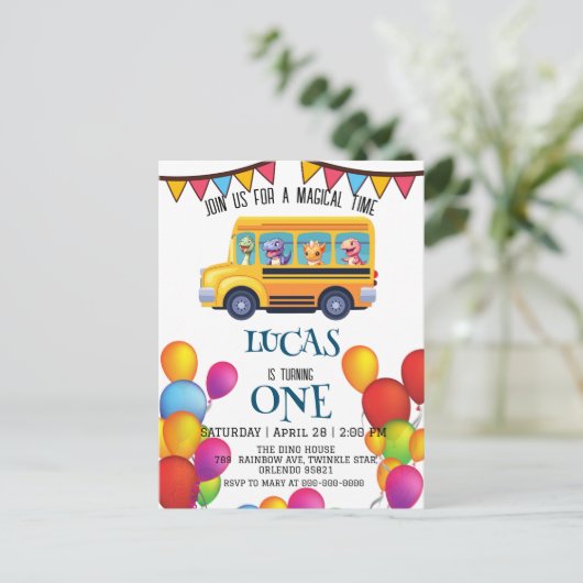 Amusing dinosaur Back To School Bus boy Birthday ポストカード (スタンド正面)