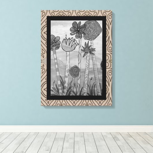 Amusing Flowers and Stems Black-White キャンバスプリント (インサイチュ (ウッドフロア))