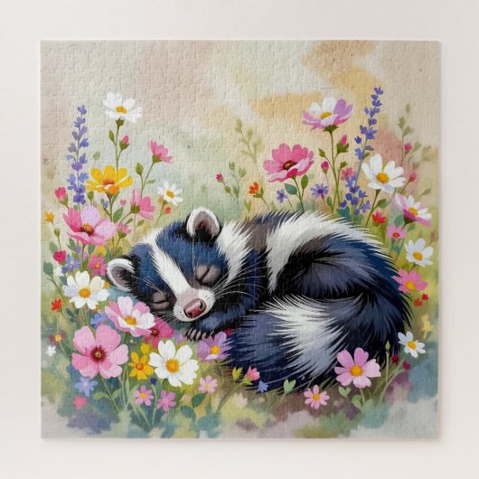 An Adorable Skunk Napping in Flowers ジグソーパズル (縦)