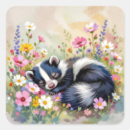 An Adorable Skunk Napping in Flowers スクエアシール