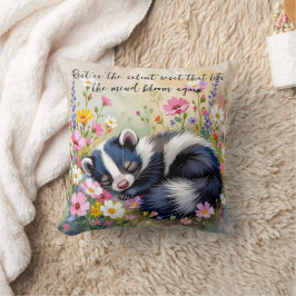 An Adorable Skunk Napping in Flowers and Quote クッション