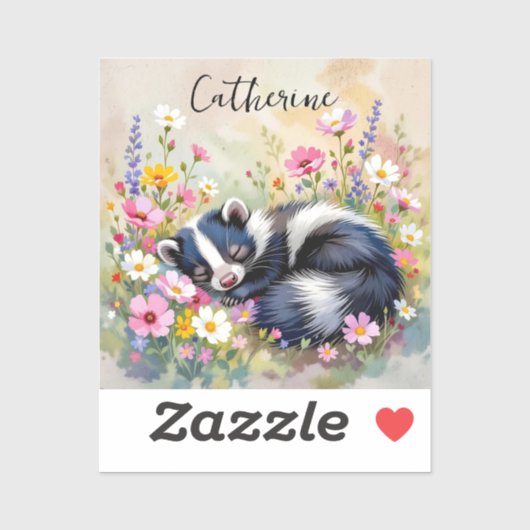 An Adorable Skunk Napping in Flowers Personalized シール (シート)