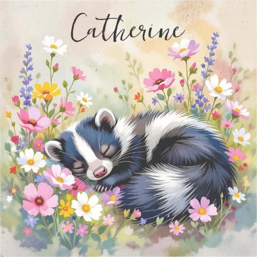 An Adorable Skunk Napping in Flowers Personalized シール (正面)