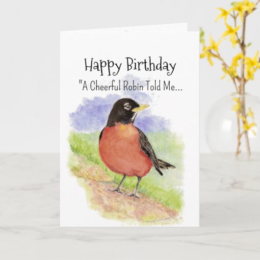 An American Robin Personality Birthday Fun Bird カード (黄色い花)