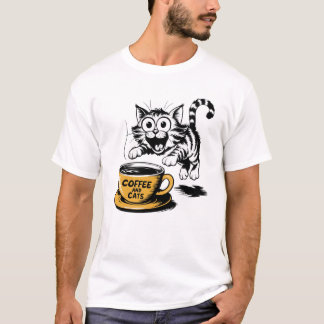 An artistic drawing of a cute cat with a cup of co tシャツ