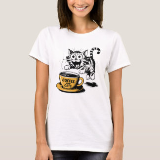 An artistic drawing of a cute cat with a cup of co tシャツ