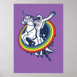 An astronaut riding a unicorn through a rainbow ポスター