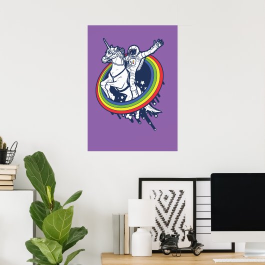 An astronaut riding a unicorn through a rainbow ポスター (ホームオフィス)