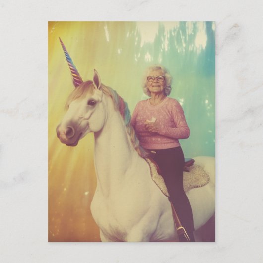 An elderly woman riding her unicorn ポストカード (正面)