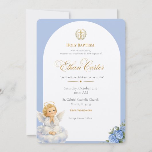 An Elegant Blue & Gold Baptism invitation 招待状 (正面)