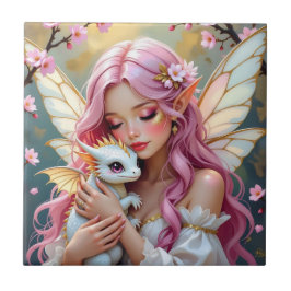 An Elegant Fairy and her Baby Dragon Personalized タイル
