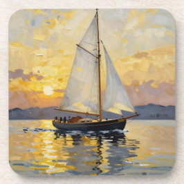 An Impasto Illustration of a Sailboat at Sunset コースター