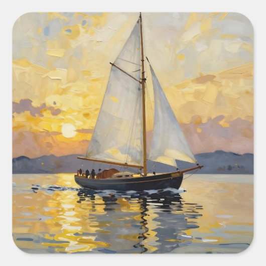 An Impasto Illustration of a Sailboat at Sunset スクエアシール (正面)