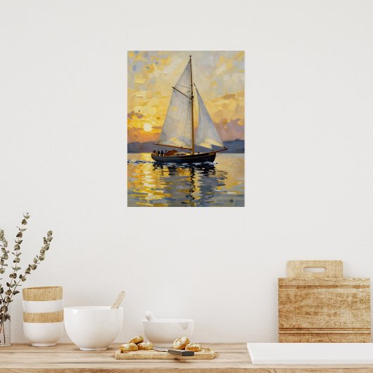 An Impasto Illustration of a Sailboat at Sunset ポスター (キッチン)