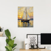 An Impasto Illustration of a Sailboat at Sunset ポスター (ホームオフィス)