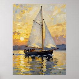 An Impasto Illustration of a Sailboat at Sunset ポスター