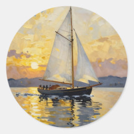 An Impasto Illustration of a Sailboat at Sunset ラウンドシール