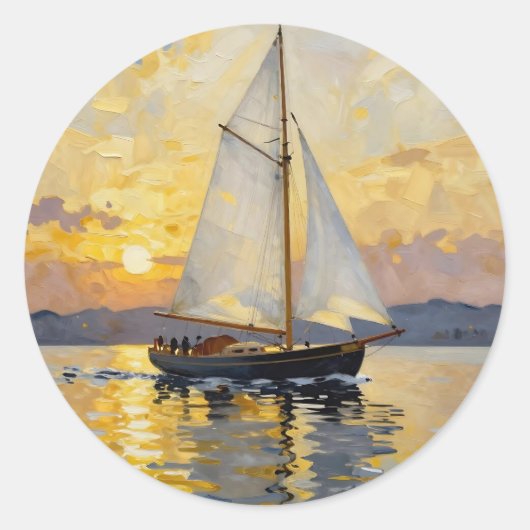 An Impasto Illustration of a Sailboat at Sunset ラウンドシール (正面)