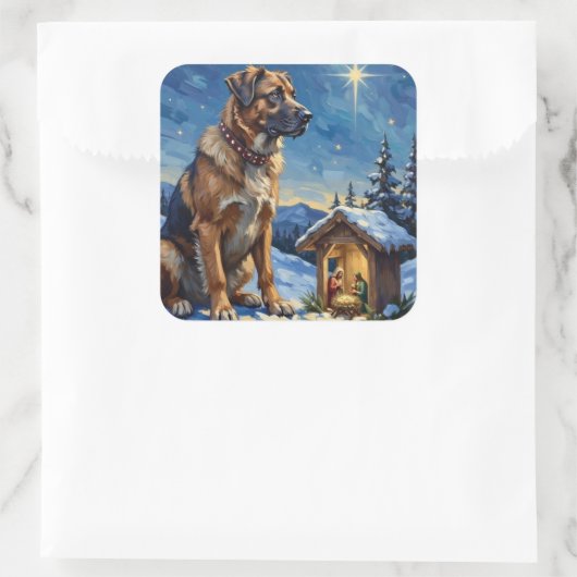 Anatolian Shepherd Dog Guarding Nativity Scene スクエアシール (バッグ)