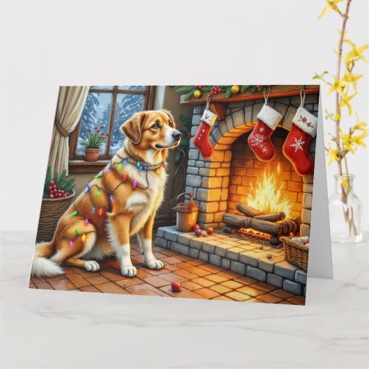 Anatolian Shepherd Fireplace with Christmas Lights カード (黄色い花)