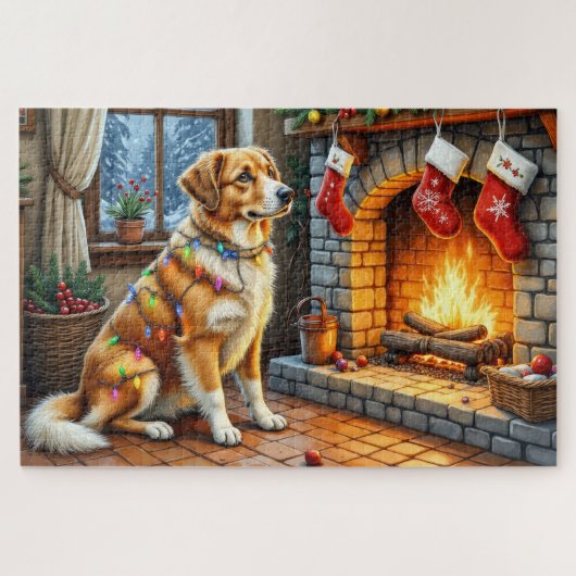 Anatolian Shepherd Fireplace with Christmas Lights ジグソーパズル (横)