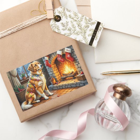 Anatolian Shepherd Fireplace with Christmas Lights 長方形シール (ギフト)