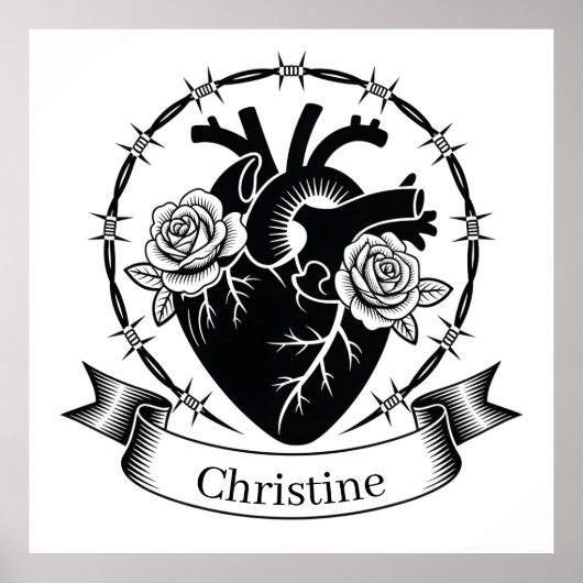 Anatomical Heart Tattoo: Black and White Design ポスター (正面)