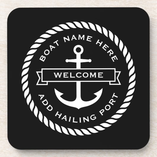 Anchor and rope boat name hailing port welcome コースター (正面)