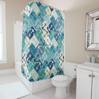 anchor herringbone blue シャワーカーテン