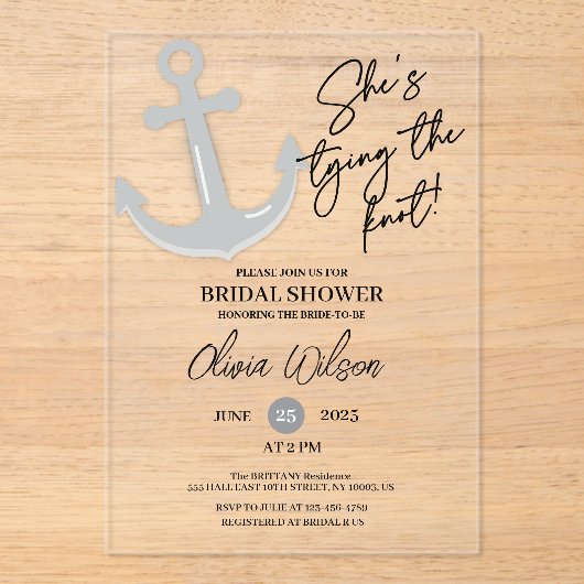 Anchor Tying the Knot Nautical Bridal Shower  アクリル招待状 (正面)