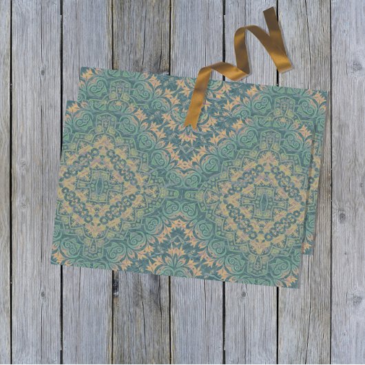 Ancient Distressed Damask Boho Teal And Beige 薄葉紙