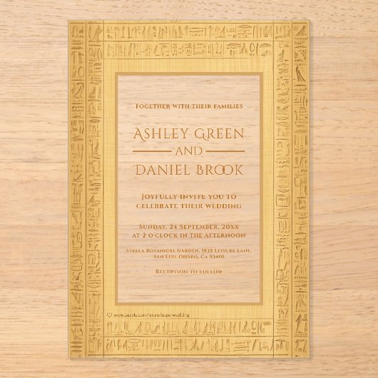 Ancient Gold Hieroglyphic Motifs Egyptian Wedding アクリル招待状 (正面)