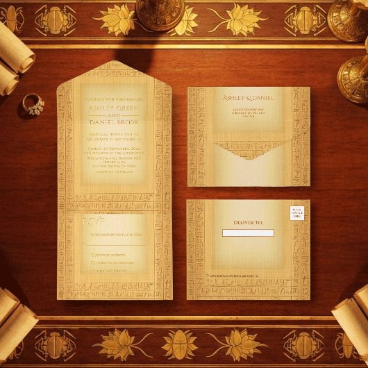 Ancient Gold Hieroglyphic Motifs Wedding Foil オールインワン招待状