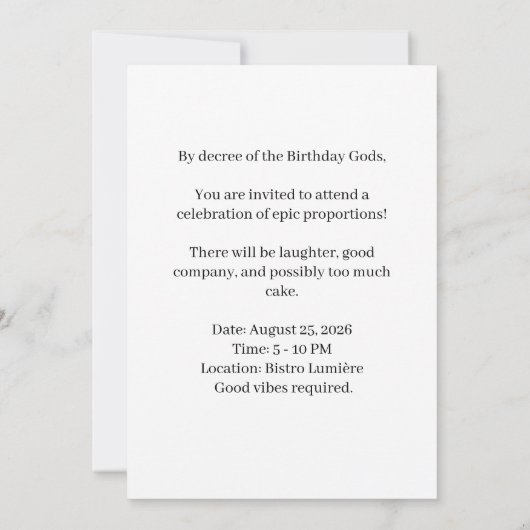 Ancient Greek Statue “Another Year Older” 招待状 (裏面)